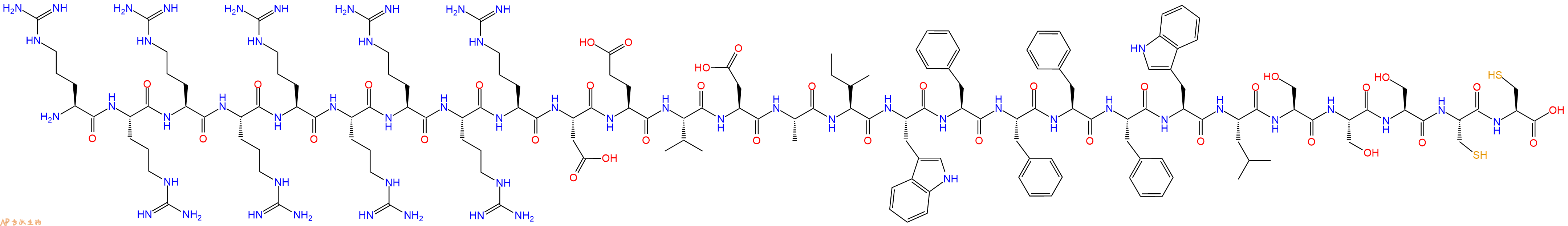 专肽生物产品H2N-Arg-Arg-Arg-Arg-Arg-Arg-Arg-Arg-Arg-Asp-Glu-Val-Asp-Ala-Ile-Trp-Phe-Phe-Phe-Phe-Trp-Leu-Ser-Ser-Ser-Cys-Cys-OH