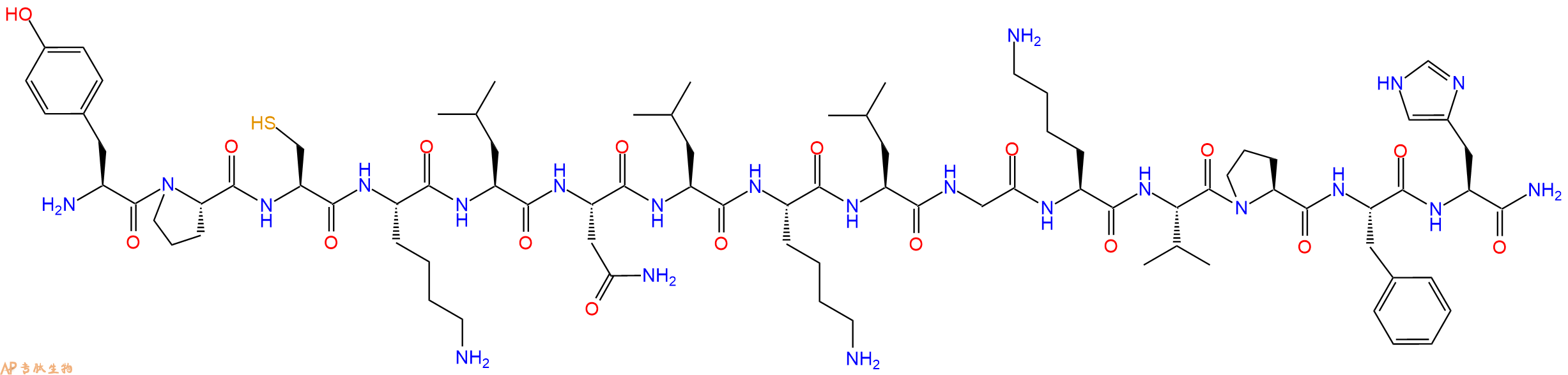 专肽生物产品H2N-Tyr-Pro-Cys-Lys-Leu-Asn-Leu-Lys-Leu-Gly-Lys-Val-Pro-Phe-His-CONH2