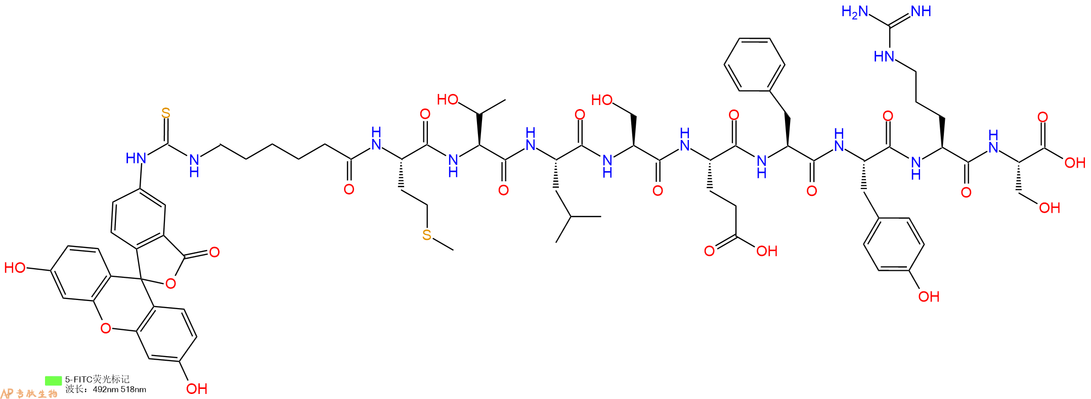 专肽生物产品5FITC-Ahx-Met-Thr-Leu-Ser-Glu-Phe-Tyr-Arg-Ser-OH