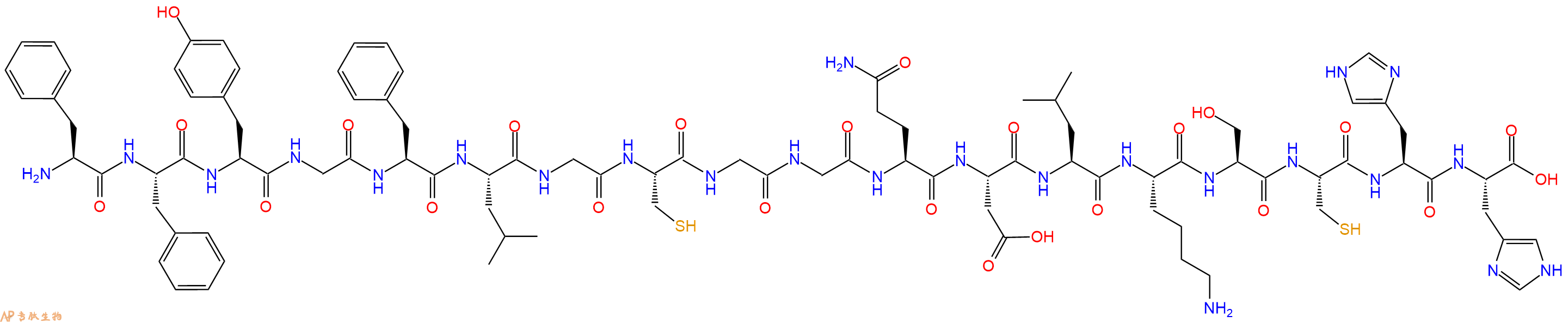 专肽生物产品H2N-Phe-Phe-Tyr-Gly-Phe-Leu-Gly-Cys-Gly-Gly-Gln-Asp-Leu-Lys-Ser-Cys-His-His-OH