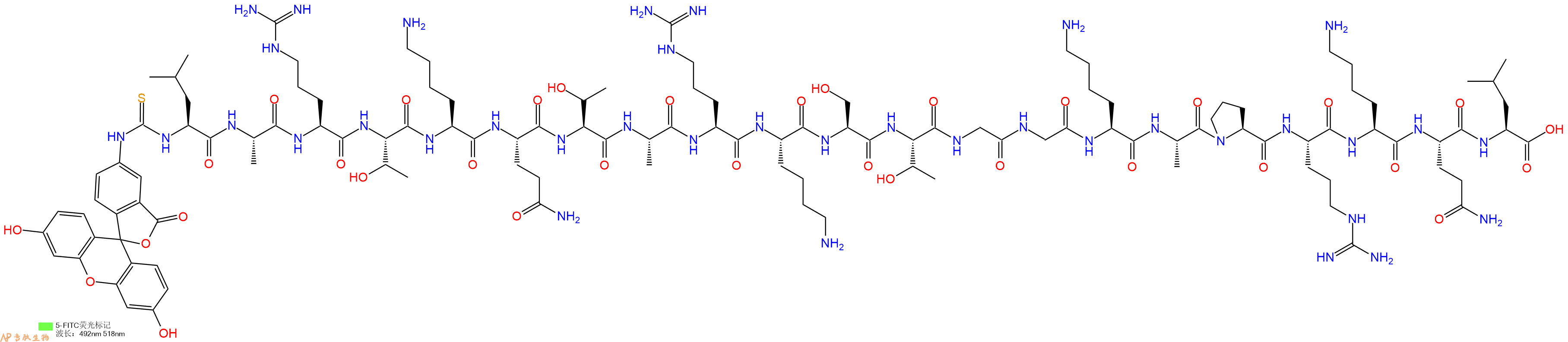专肽生物产品5FITC-Leu-Ala-Arg-Thr-Lys-Gln-Thr-Ala-Arg-Lys-Ser-Thr-Gly-Gly-Lys-Ala-Pro-Arg-Lys-Gln-Leu-OH