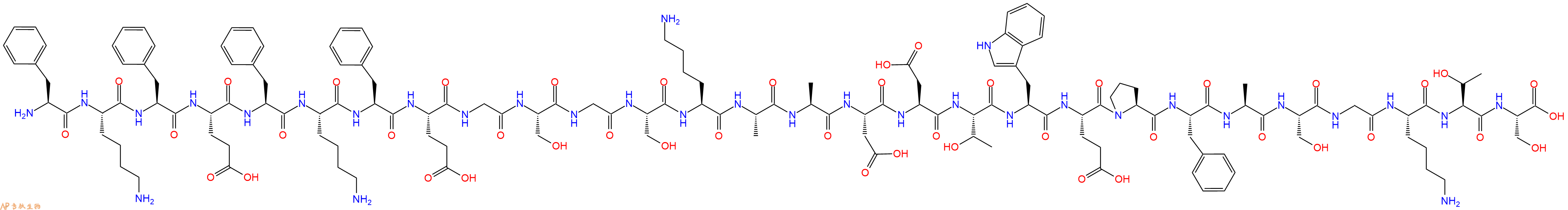 专肽生物产品H2N-Phe-Lys-Phe-Glu-Phe-Lys-Phe-Glu-Gly-Ser-Gly-Ser-Lys-Ala-Ala-Asp-Asp-Thr-Trp-Glu-Pro-Phe-Ala-Ser-Gly-Lys-Thr-Ser-OH