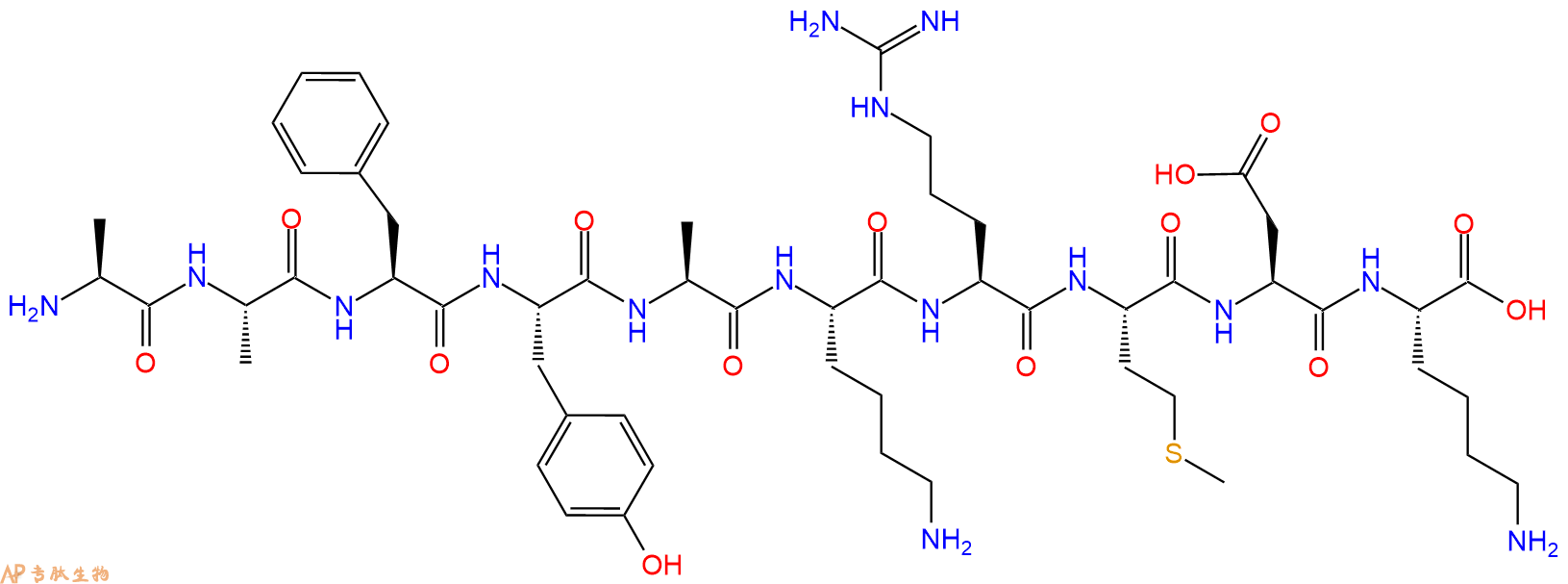 专肽生物产品H2N-Ala-Ala-Phe-Tyr-Ala-Lys-Arg-Met-Asp-Lys-OH
