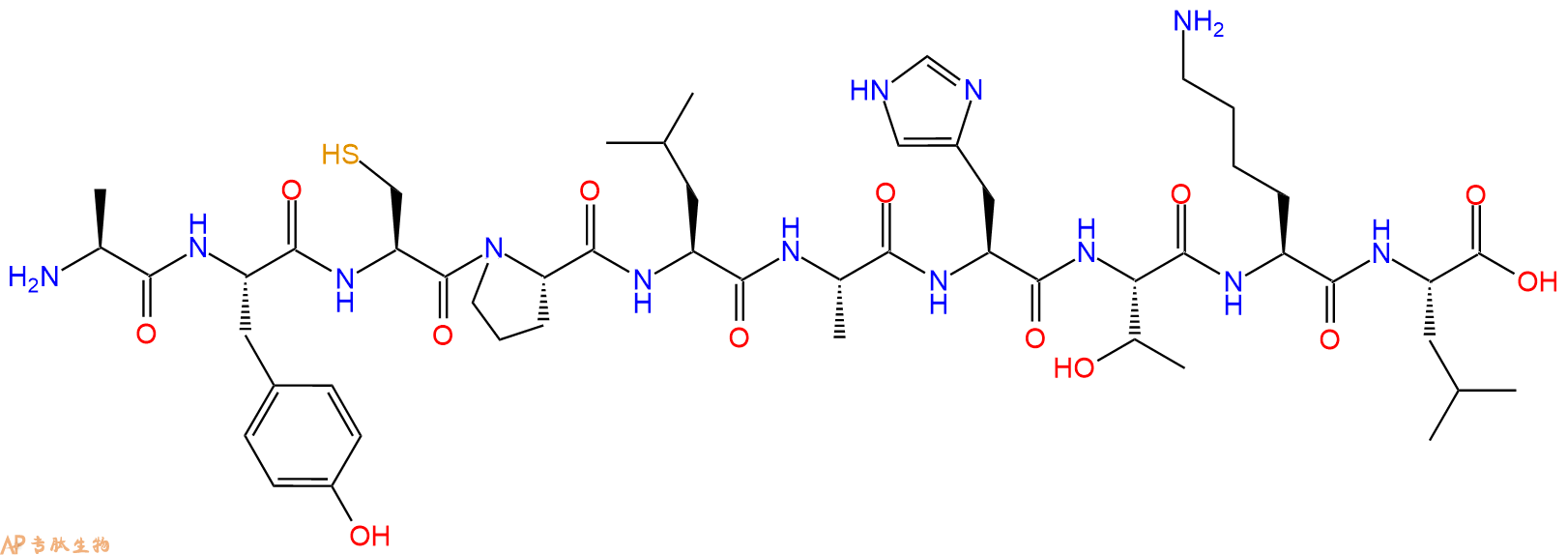 专肽生物产品H2N-Ala-Tyr-Cys-Pro-Leu-Ala-His-Thr-Lys-Leu-OH
