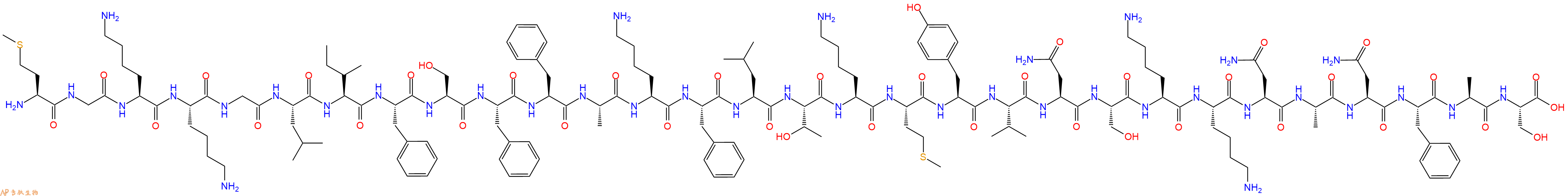 专肽生物产品H2N-Met-Gly-Lys-Lys-Gly-Leu-Ile-Phe-Ser-Phe-Phe-Ala-Lys-Phe-Leu-Thr-Lys-Met-Tyr-Val-Asn-Ser-Lys-Lys-Asn-Ala-Asn-Phe-Ala-Ser-OH