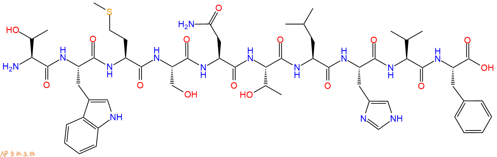 专肽生物产品H2N-Thr-Trp-Met-Ser-Asn-Thr-Leu-His-Val-Phe-OH