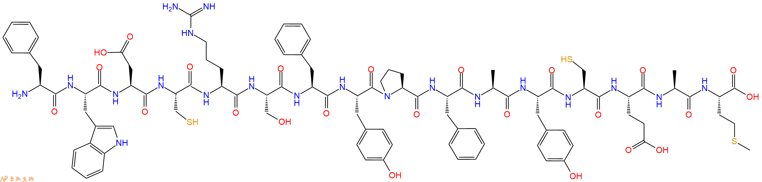 专肽生物产品H2N-Phe-Trp-Asp-Cys-Arg-Ser-Phe-Tyr-Pro-Phe-Ala-Tyr-Cys-Glu-Ala-Met-OH