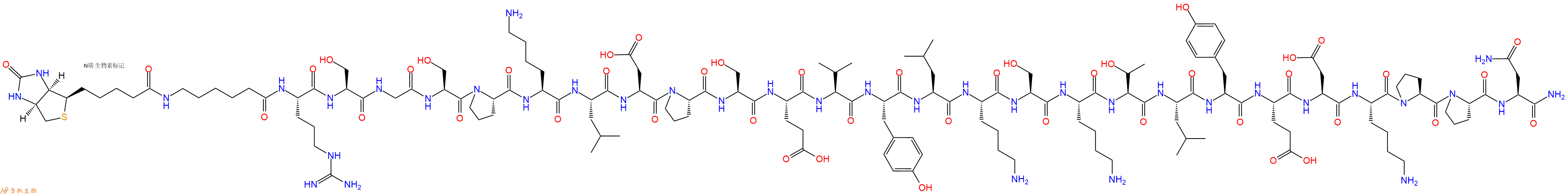 专肽生物产品Biotinyl-Ahx-Arg-Ser-Gly-Ser-Pro-Lys-Leu-Asp-Pro-Ser-Glu-Val-Tyr-Leu-Lys-Ser-Lys-Thr-Leu-Tyr-Glu-Asp-Lys-Pro-Pro-Asn-CONH2