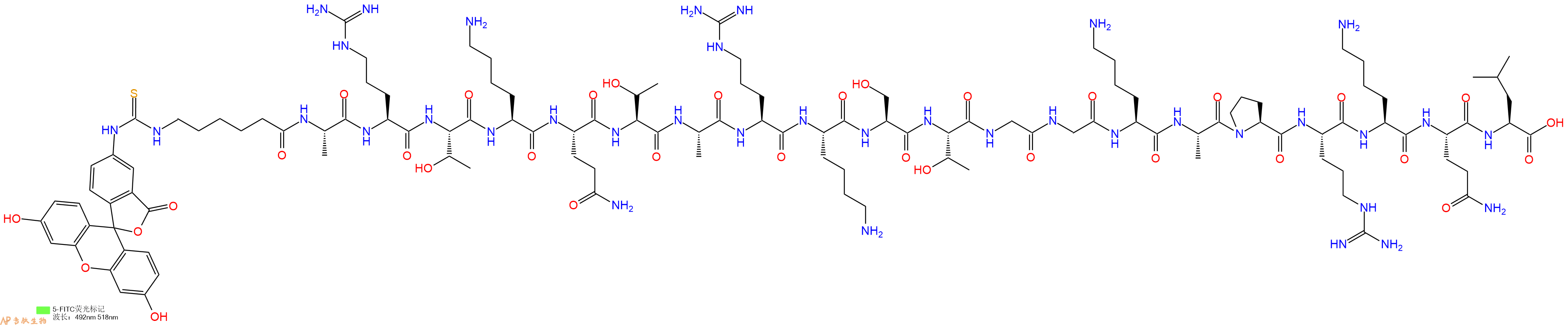 专肽生物产品5FITC-Ahx-Ala-Arg-Thr-Lys-Gln-Thr-Ala-Arg-Lys-Ser-Thr-Gly-Gly-Lys-Ala-Pro-Arg-Lys-Gln-Leu-OH