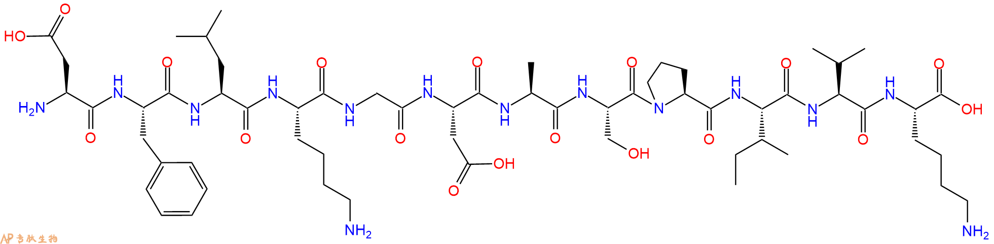 专肽生物产品H2N-Asp-Phe-Leu-Lys-Gly-Asp-Ala-Ser-Pro-Ile-Val-Lys-OH
