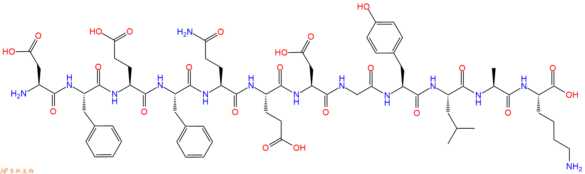 专肽生物产品H2N-Asp-Phe-Glu-Phe-Gln-Glu-Asp-Gly-Tyr-Leu-Ala-Lys-OH