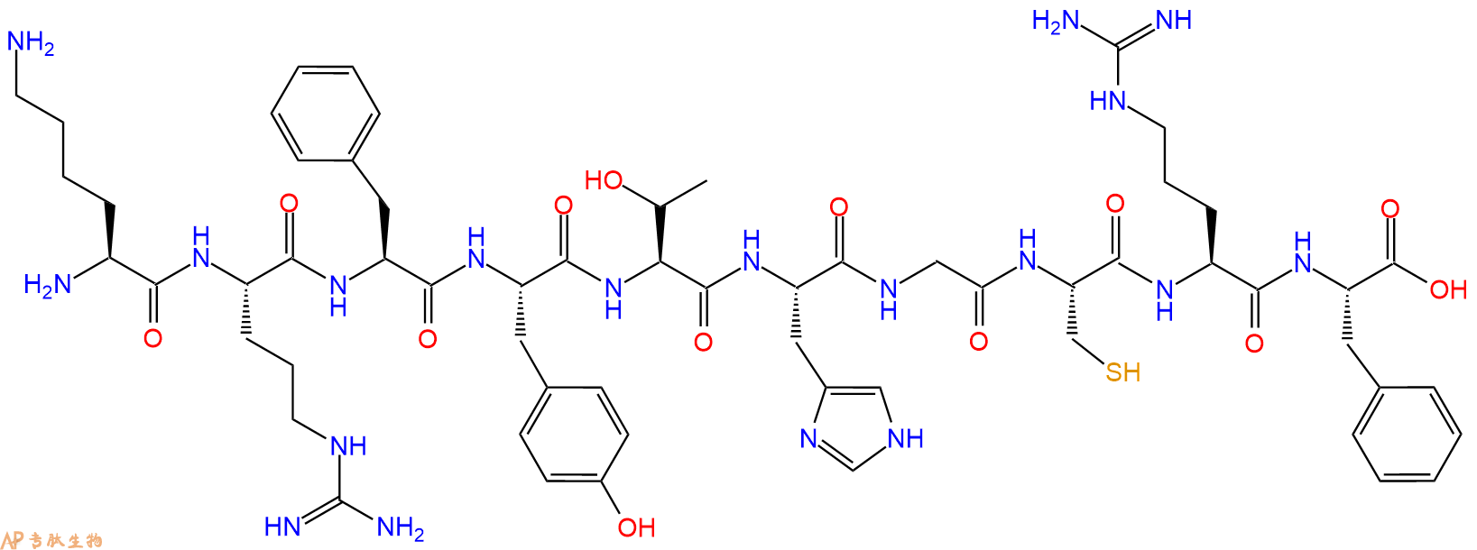 专肽生物产品H2N-Lys-Arg-Phe-Tyr-Thr-His-Gly-Cys-Arg-Phe-OH