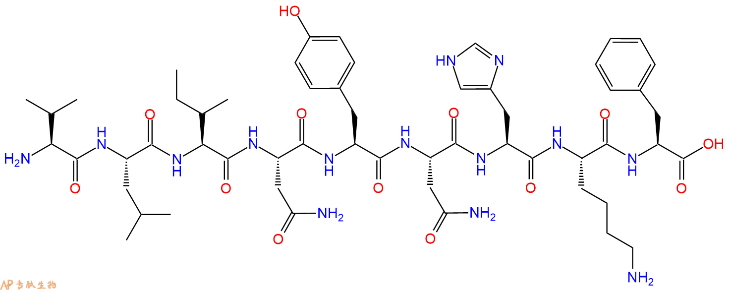 专肽生物产品H2N-Val-Leu-Ile-Asn-Tyr-Asn-His-Lys-Phe-OH