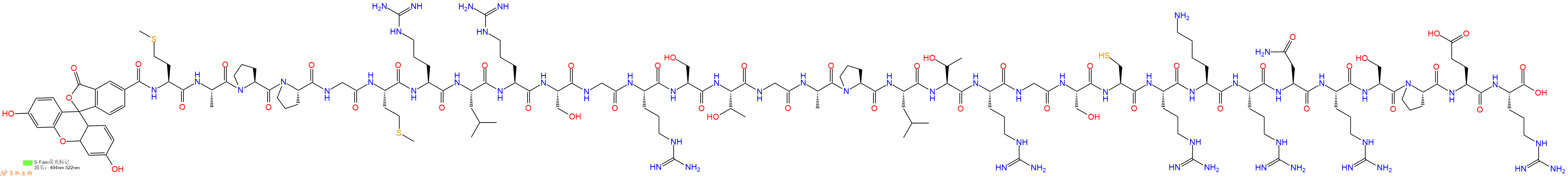 专肽生物产品5FAM-Met-Ala-Pro-Pro-Gly-Met-Arg-Leu-Arg-Ser-Gly-Arg-Ser-Thr-Gly-Ala-Pro-Leu-Thr-Arg-Gly-Ser-Cys-Arg-Lys-Arg-Asn-Arg-Ser-Pro-Glu-Arg-OH