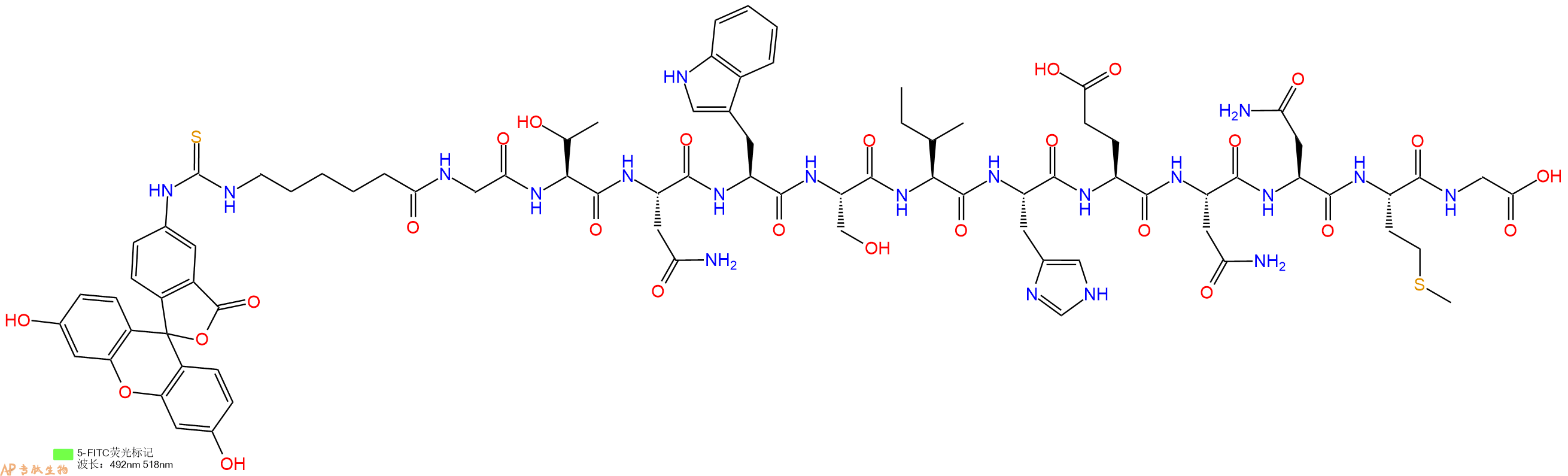 专肽生物产品5FITC-Ahx-Gly-Thr-Asn-Trp-Ser-Ile-His-Glu-Asn-Asn-Met-Gly-OH