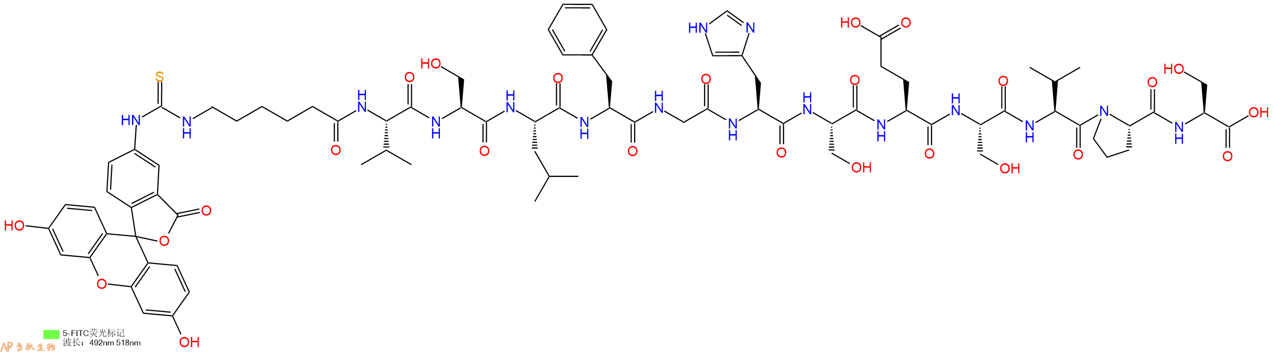 专肽生物产品5FITC-Ahx-Val-Ser-Leu-Phe-Gly-His-Ser-Glu-Ser-Val-Pro-Ser-OH