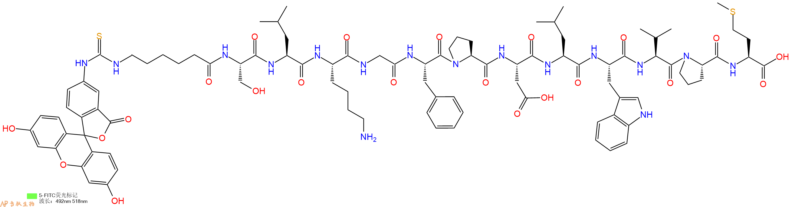 专肽生物产品5FITC-Ahx-Ser-Leu-Lys-Gly-Phe-Pro-Asp-Leu-Trp-Val-Pro-Met-OH