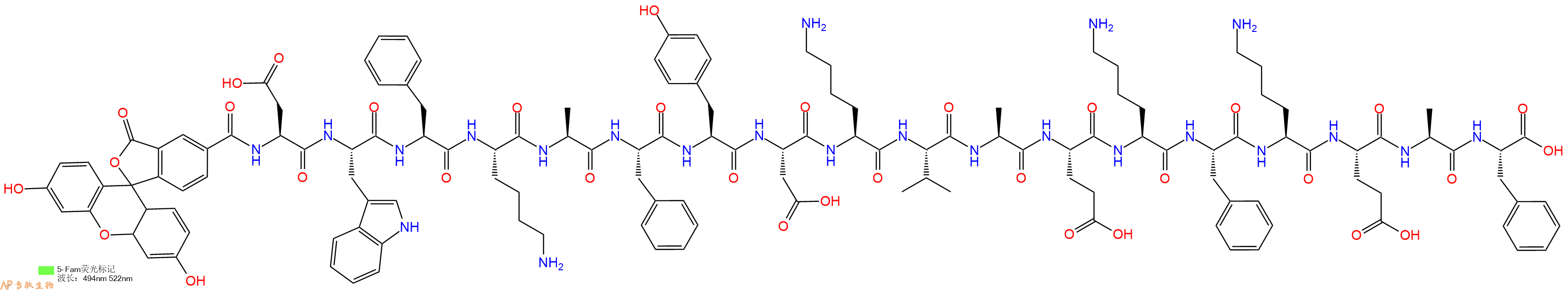 专肽生物产品5FAM-Asp-Trp-Phe-Lys-Ala-Phe-Tyr-Asp-Lys-Val-Ala-Glu-Lys-Phe-Lys-Glu-Ala-Phe-OH