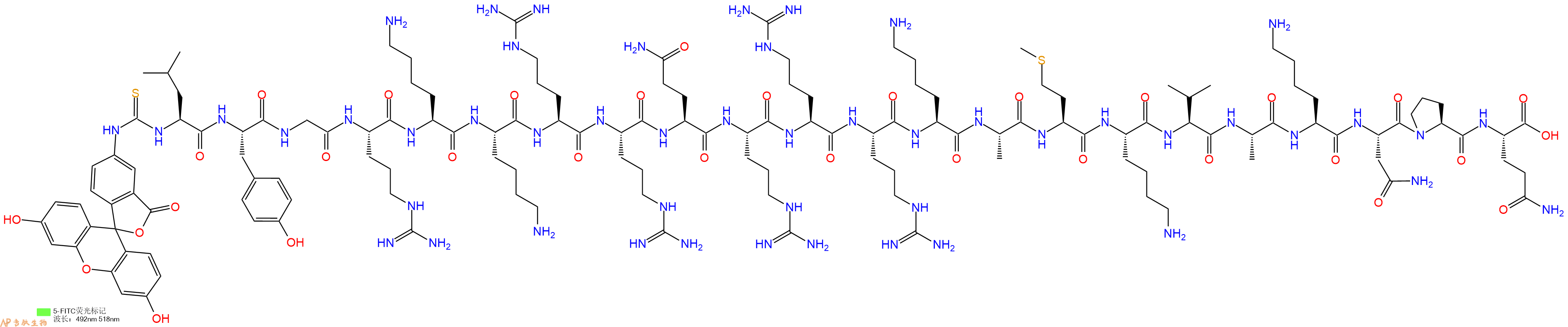 专肽生物产品5FITC-Leu-Tyr-Gly-Arg-Lys-Lys-Arg-Arg-Gln-Arg-Arg-Arg-Lys-Ala-Met-Lys-Val-Ala-Lys-Asn-Pro-Gln-OH