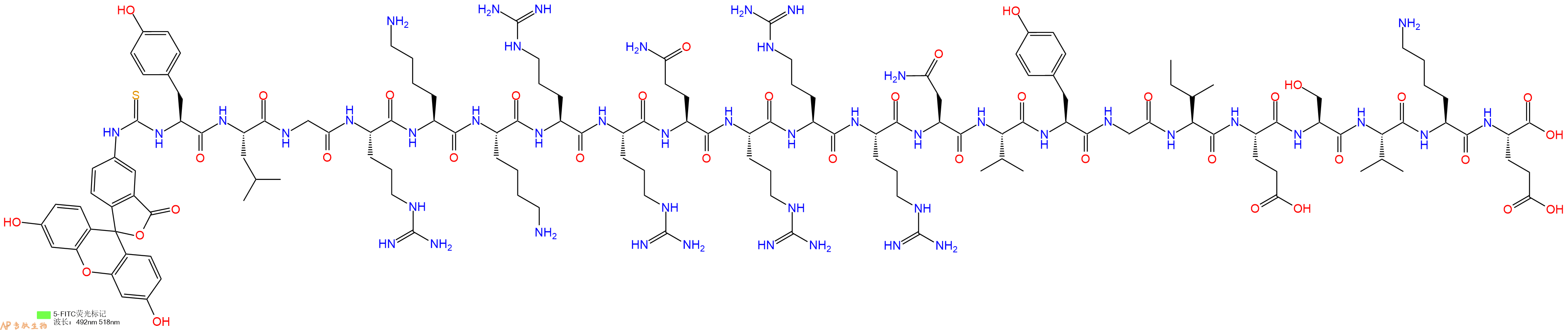 专肽生物产品5FITC-Tyr-Leu-Gly-Arg-Lys-Lys-Arg-Arg-Gln-Arg-Arg-Arg-Asn-Val-Tyr-Gly-Ile-Glu-Ser-Val-Lys-Glu-OH