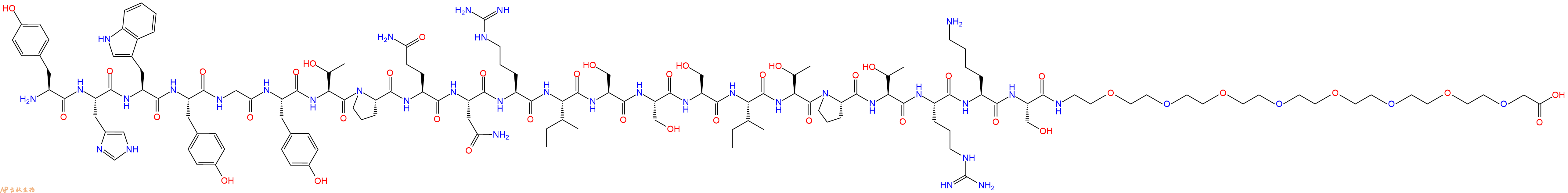 专肽生物产品Tyr-His-Trp-Tyr-Gly-Tyr-Thr-Pro-Gln-Asn-Arg-Ile-Ser-Ser-Ser-Ile-Thr-Pro-Thr-Arg-Lys-Ser-PEG8