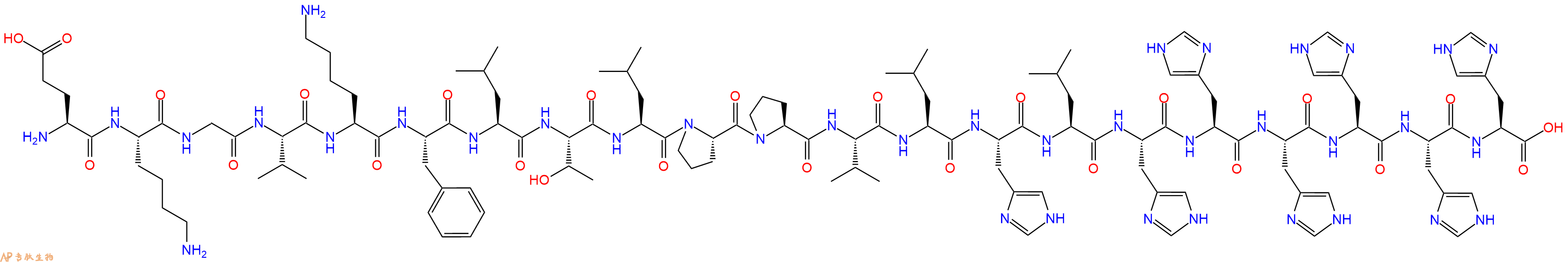专肽生物产品H2N-Glu-Lys-Gly-Val-Lys-Phe-Leu-Thr-Leu-Pro-Pro-Val-Leu-His-Leu-His-His-His-His-His-His-OH