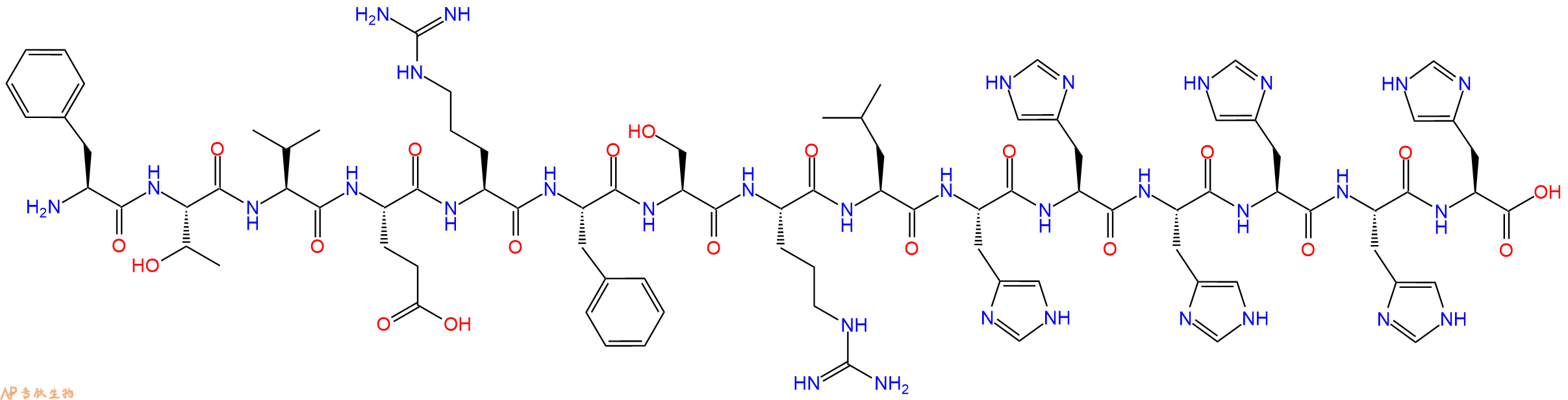 专肽生物产品H2N-Phe-Thr-Val-Glu-Arg-Phe-Ser-Arg-Leu-His-His-His-His-His-His-OH