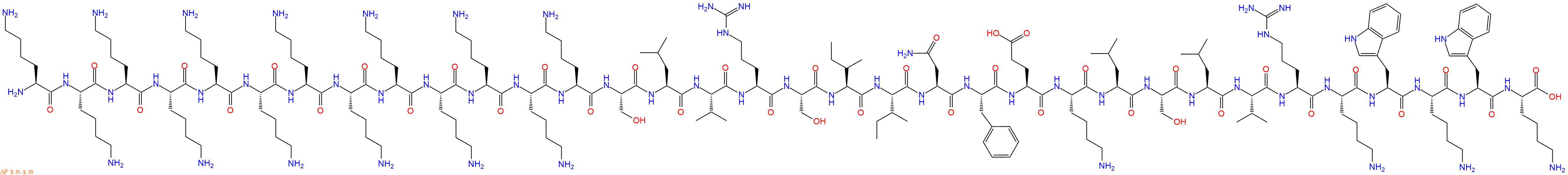 专肽生物产品H2N-Lys-Lys-Lys-Lys-Lys-Lys-Lys-Lys-Lys-Lys-Lys-Lys-Lys-Ser-Leu-Val-Arg-Ser-Ile-Ile-Asn-Phe-Glu-Lys-Leu-Ser-Leu-Val-Arg-Lys-Trp-Lys-Trp-Lys-OH