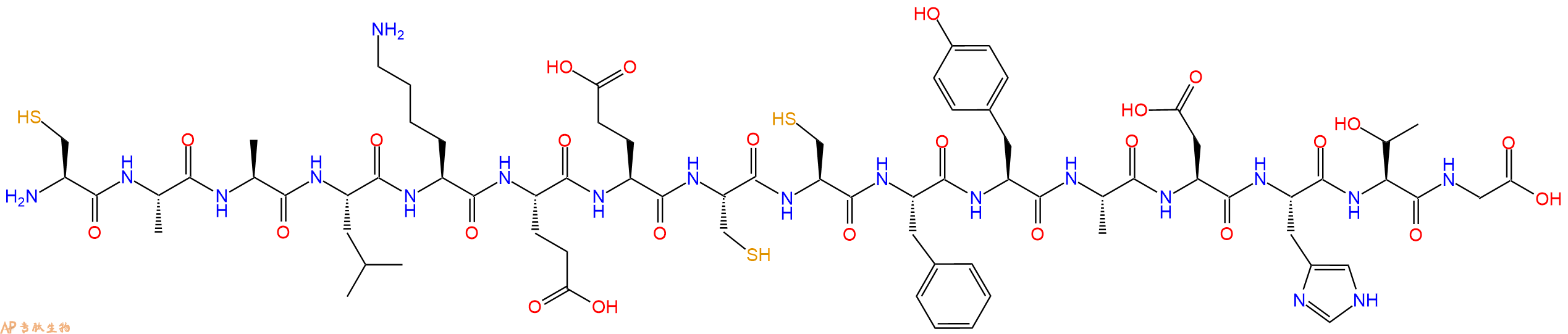专肽生物产品H2N-Cys-Ala-Ala-Leu-Lys-Glu-Glu-Cys-Cys-Phe-Tyr-Ala-Asp-His-Thr-Gly-OH