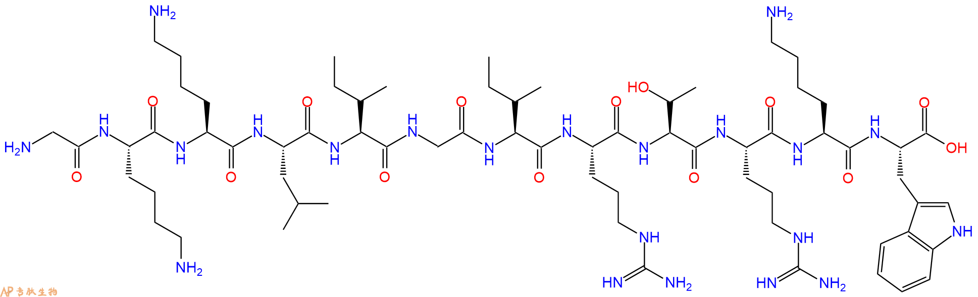 专肽生物产品H2N-Gly-Lys-Lys-Leu-Ile-Gly-Ile-Arg-Thr-Arg-Lys-Trp-OH