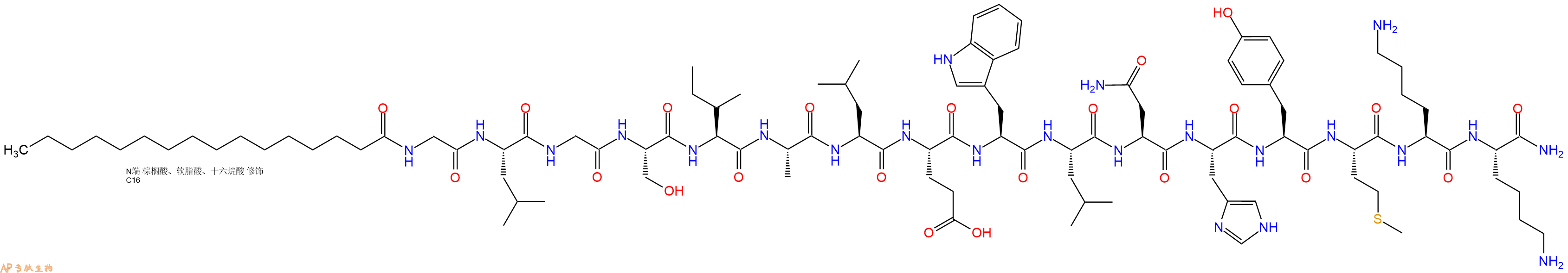 专肽生物产品Palmitoyl-Gly-Leu-Gly-Ser-Ile-Ala-Leu-Glu-Trp-Leu-Asn-His-Tyr-Met-Lys-Lys-CONH2
