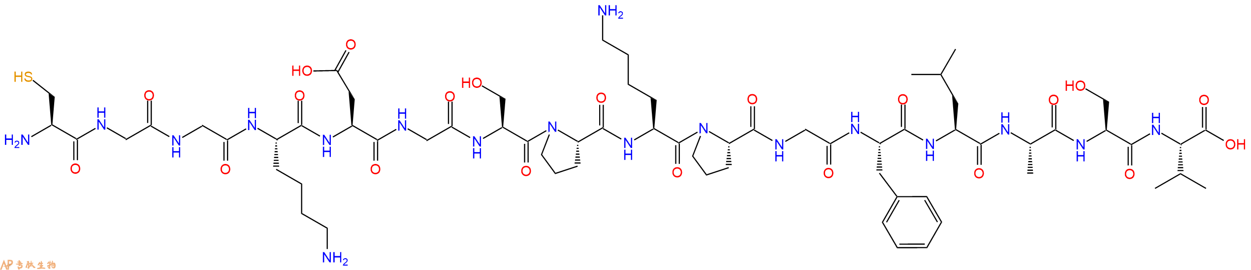 专肽生物产品H2N-Cys-Gly-Gly-Lys-Asp-Gly-Ser-Pro-Lys-Pro-Gly-Phe-Leu-Ala-Ser-Val-OH