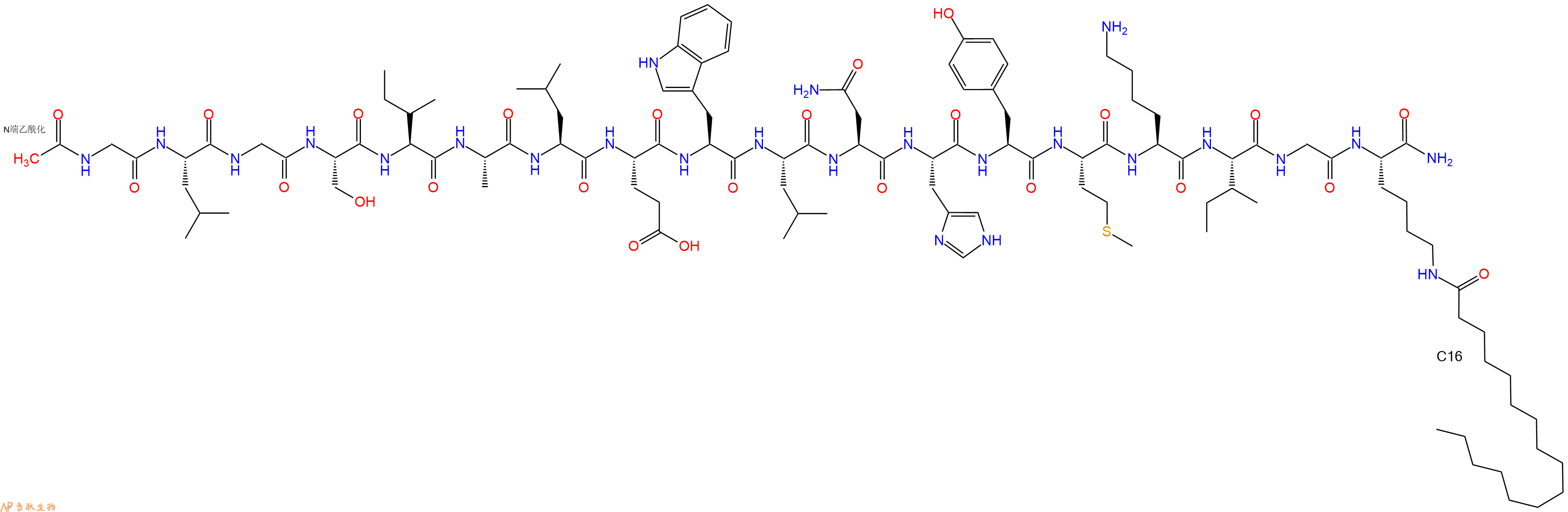 专肽生物产品Ac-Gly-Leu-Gly-Ser-Ile-Ala-Leu-Glu-Trp-Leu-Asn-His-Tyr-Met-Lys-Ile-Gly-Lys(C16)-CONH2