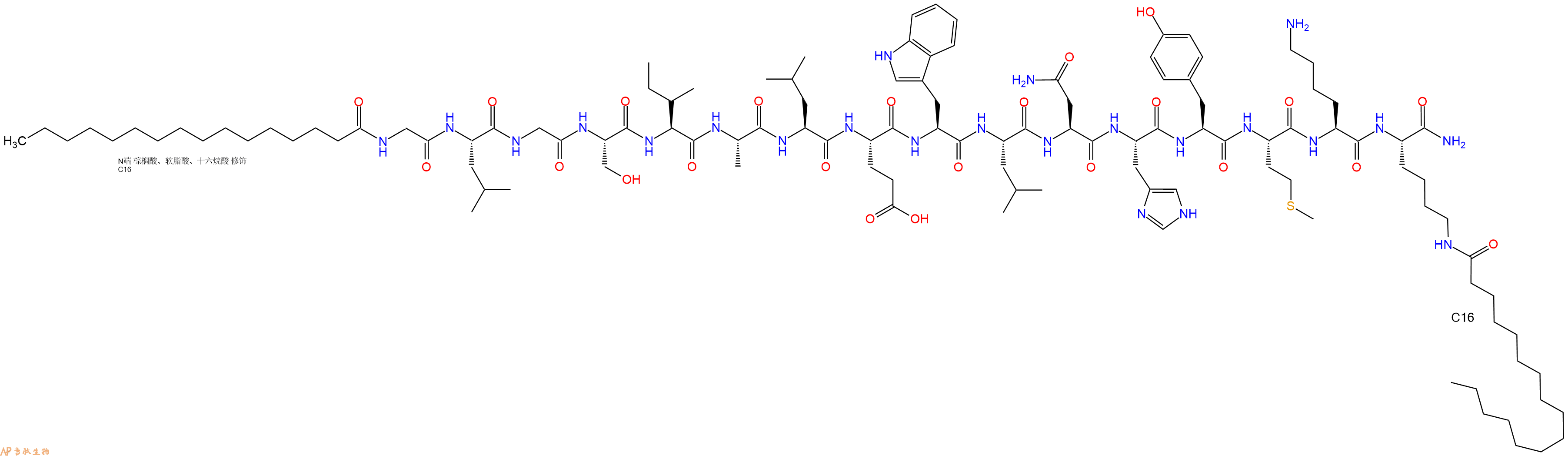 专肽生物产品Palmitoyl-Gly-Leu-Gly-Ser-Ile-Ala-Leu-Glu-Trp-Leu-Asn-His-Tyr-Met-Lys-Lys(C16)-CONH2