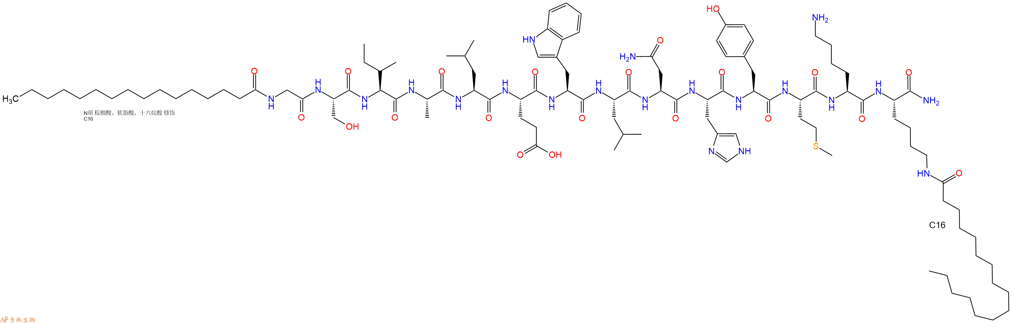 专肽生物产品Palmitoyl-Gly-Ser-Ile-Ala-Leu-Glu-Trp-Leu-Asn-His-Tyr-Met-Lys-Lys(C16)-CONH2