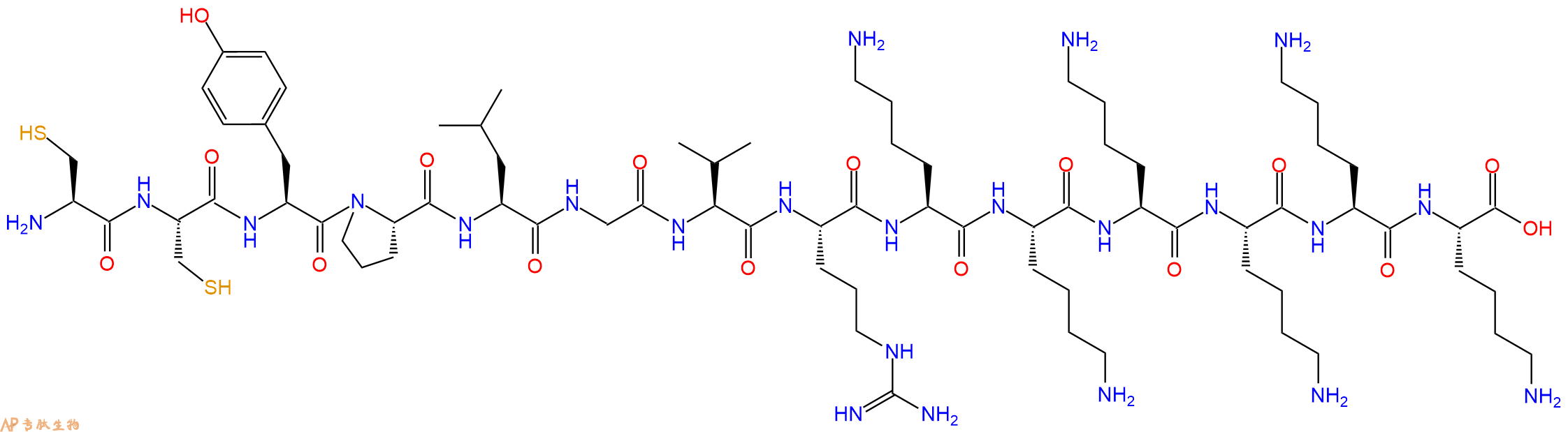 专肽生物产品H2N-Cys-Cys-Tyr-Pro-Leu-Gly-Val-Arg-Lys-Lys-Lys-Lys-Lys-Lys-OH