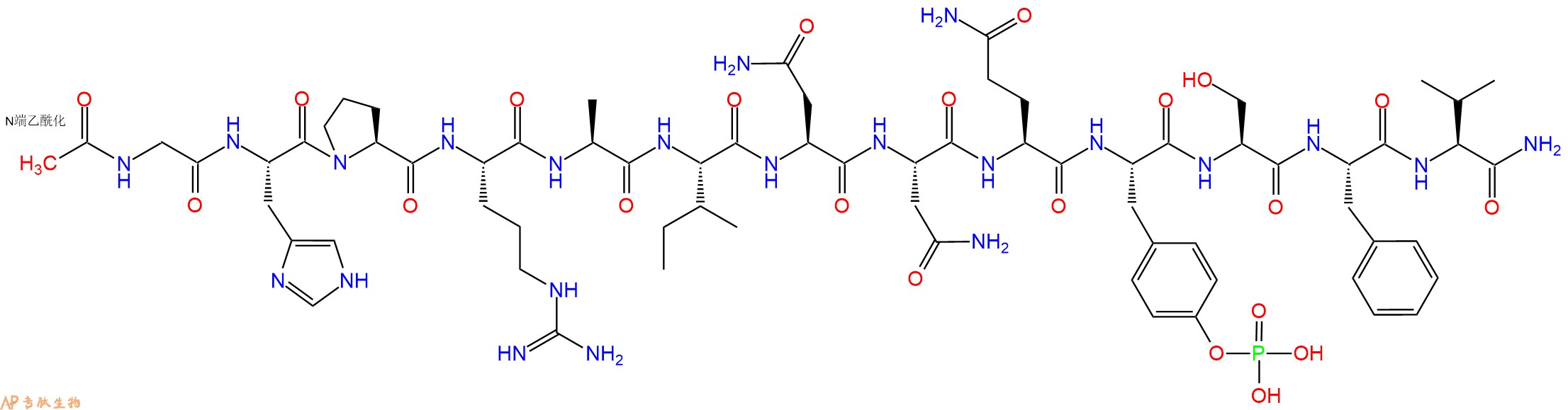 专肽生物产品Ac-Gly-His-Pro-Arg-Ala-Ile-Asn-Asn-Gln-Tyr(PO3H2)-Ser-Phe-Val-CONH2