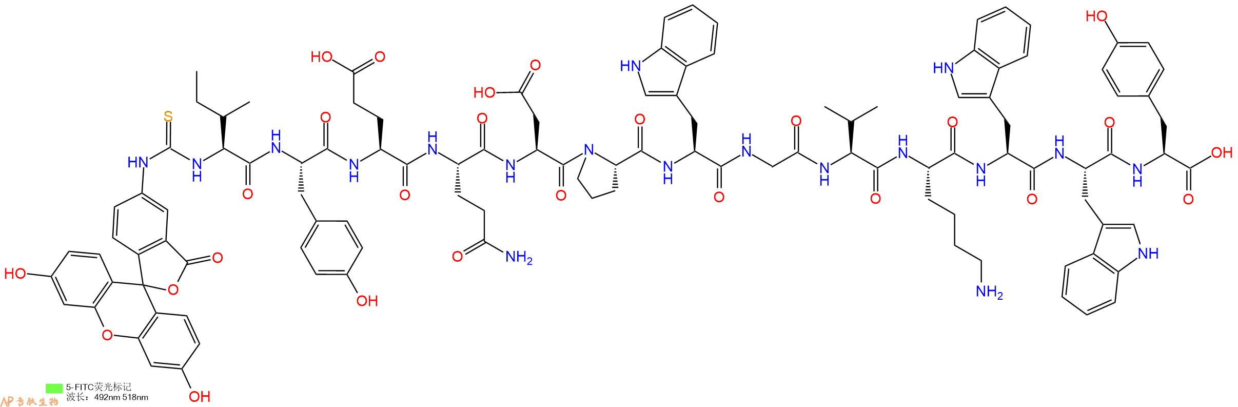 专肽生物产品5FITC-Ile-Tyr-Glu-Gln-Asp-Pro-Trp-Gly-Val-Lys-Trp-Trp-Tyr-OH