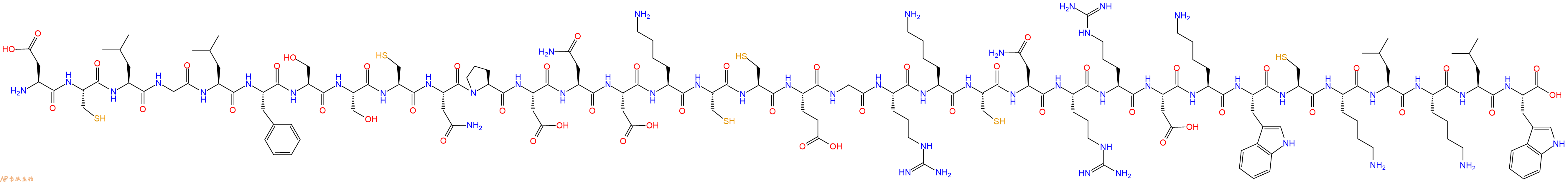 专肽生物产品H2N-Asp-Cys-Leu-Gly-Leu-Phe-Ser-Ser-Cys-Asn-Pro-Asp-Asn-Asp-Lys-Cys-Cys-Glu-Gly-Arg-Lys-Cys-Asn-Arg-Arg-Asp-Lys-Trp-Cys-Lys-Leu-Lys-Leu-Trp-OH