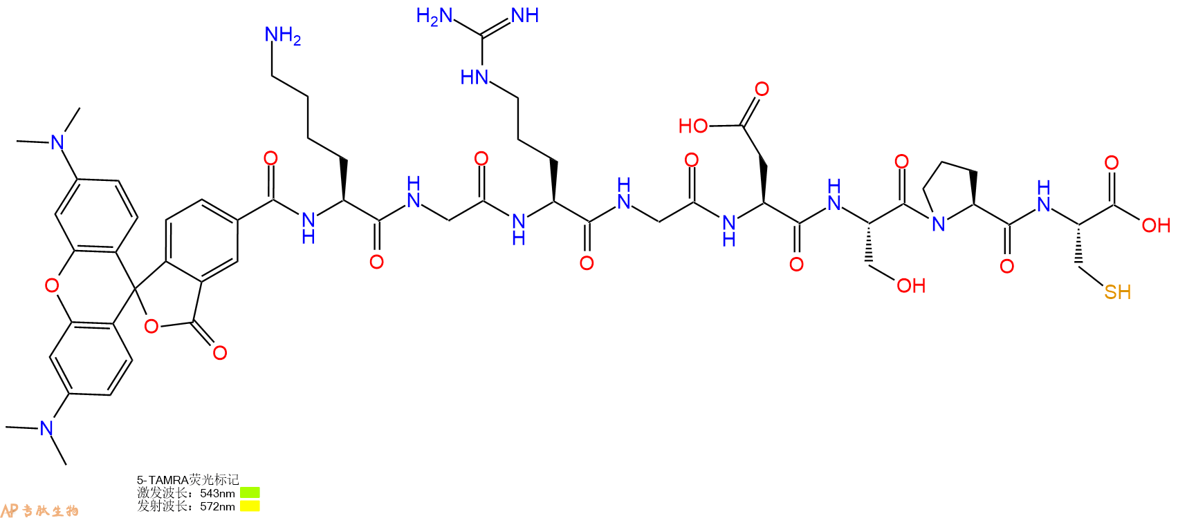 专肽生物产品5TAMRA-Lys-Gly-Arg-Gly-Asp-Ser-Pro-Cys-OH