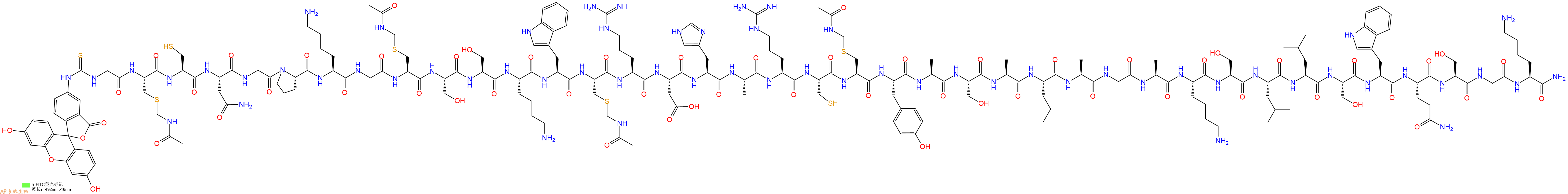 专肽生物产品5FITC-Gly-Cys(Acm)-Cys-Asn-Gly-Pro-Lys-Gly-Cys(Acm)-Ser-Ser-Lys-Trp-Cys(Acm)-Arg-Asp-His-Ala-Arg-Cys-Cys(Acm)-Tyr-Ala-Ser-Ala-Leu-Ala-Gly-Ala-Lys-Ser-Leu-Leu-Ser-Trp-Gln-Ser-Gly-Lys-CONH2