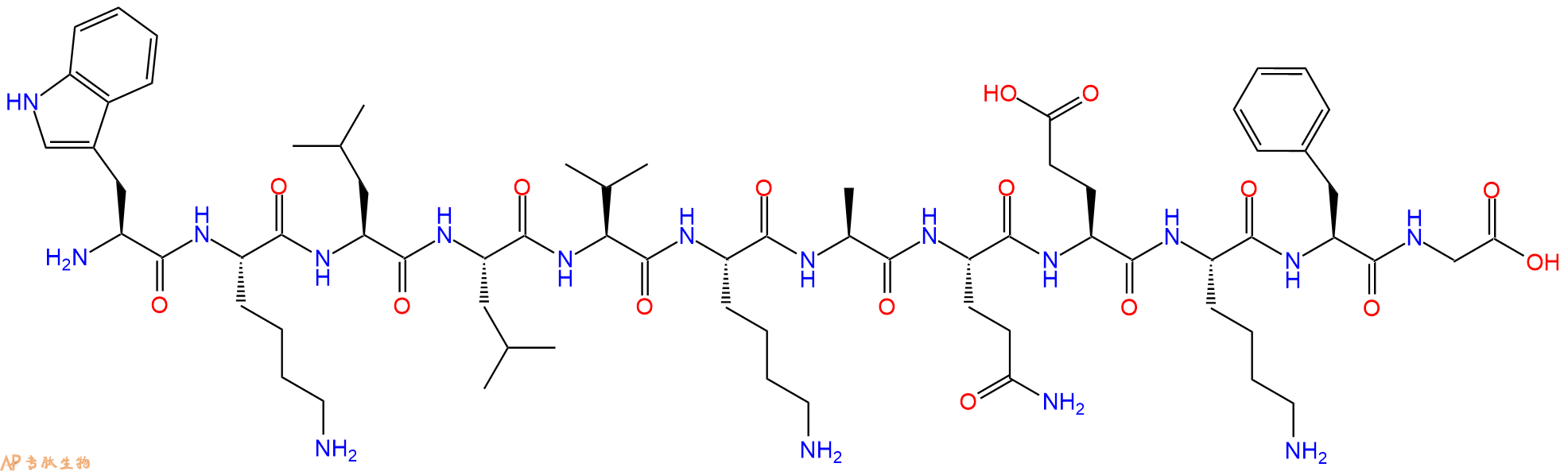专肽生物产品H2N-Trp-Lys-Leu-Leu-Val-Lys-Ala-Gln-Glu-Lys-Phe-Gly-OH