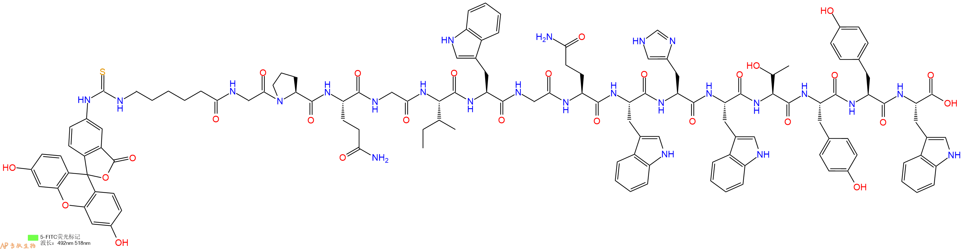 专肽生物产品5FITC-Ahx-Gly-Pro-Gln-Gly-Ile-Trp-Gly-Gln-Trp-His-Trp-Thr-Tyr-Tyr-Trp-OH
