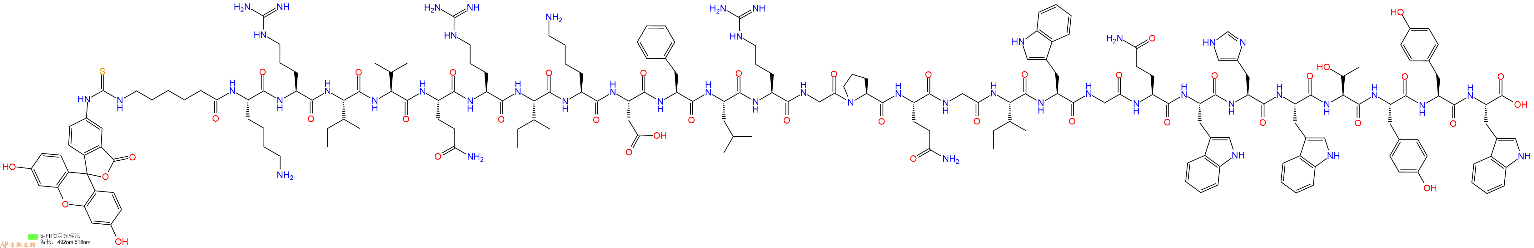 专肽生物产品5FITC-Ahx-Lys-Arg-Ile-Val-Gln-Arg-Ile-Lys-Asp-Phe-Leu-Arg-Gly-Pro-Gln-Gly-Ile-Trp-Gly-Gln-Trp-His-Trp-Thr-Tyr-Tyr-Trp-OH