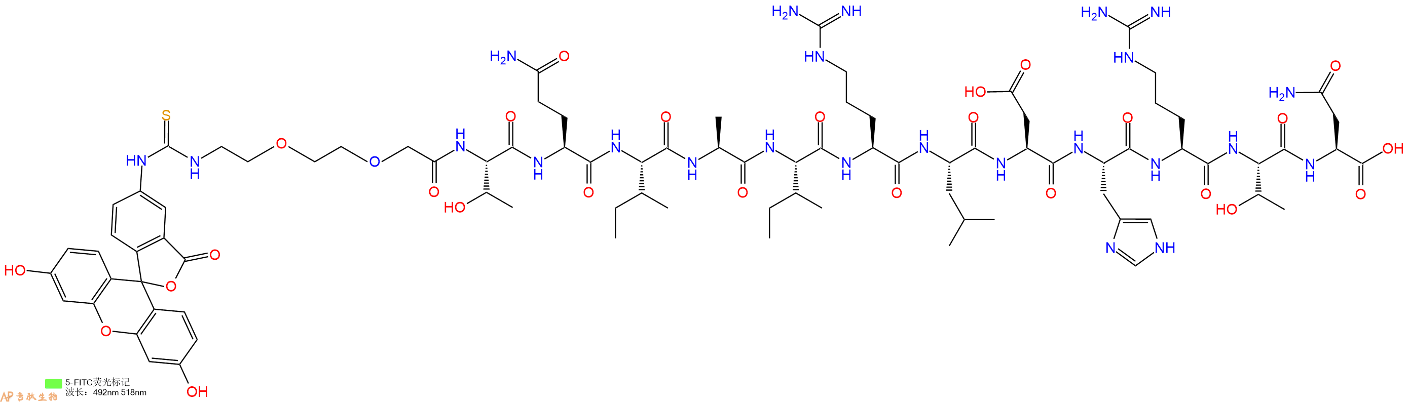 专肽生物产品5FITC-PEG2-Thr-Gln-Ile-Ala-Ile-Arg-Leu-Asp-His-Arg-Thr-Asn