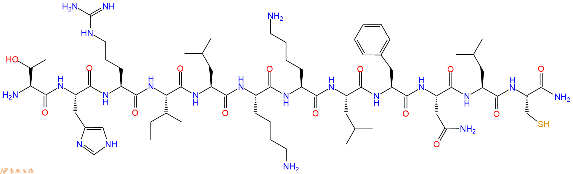 专肽生物产品H2N-Thr-His-Arg-Ile-Leu-Lys-Lys-Leu-Phe-Asn-Leu-Cys-CONH2