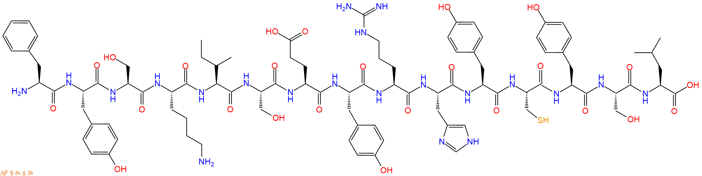 专肽生物产品H2N-Phe-Tyr-Ser-Lys-Ile-Ser-Glu-Tyr-Arg-His-Tyr-Cys-Tyr-Ser-Leu-OH