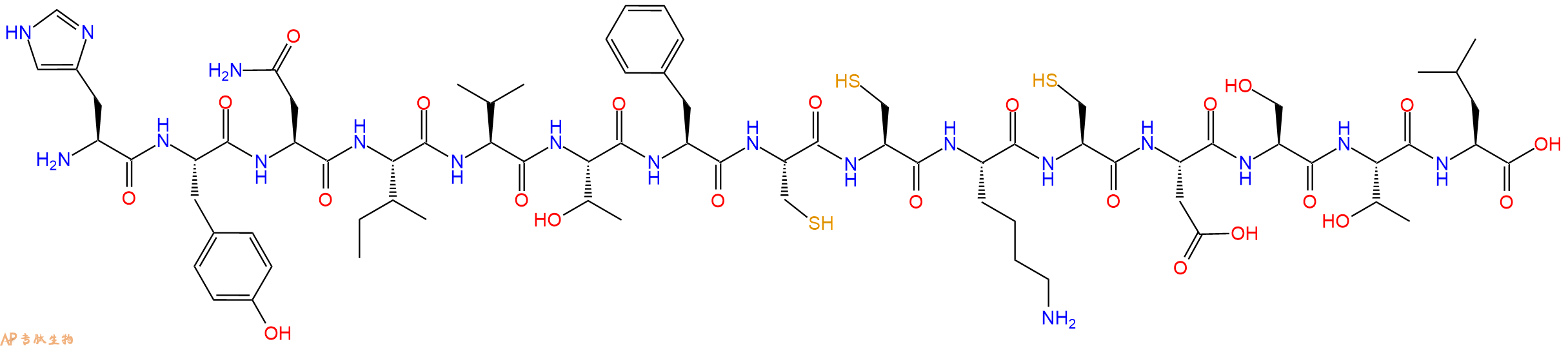 专肽生物产品H2N-His-Tyr-Asn-Ile-Val-Thr-Phe-Cys-Cys-Lys-Cys-Asp-Ser-Thr-Leu-OH