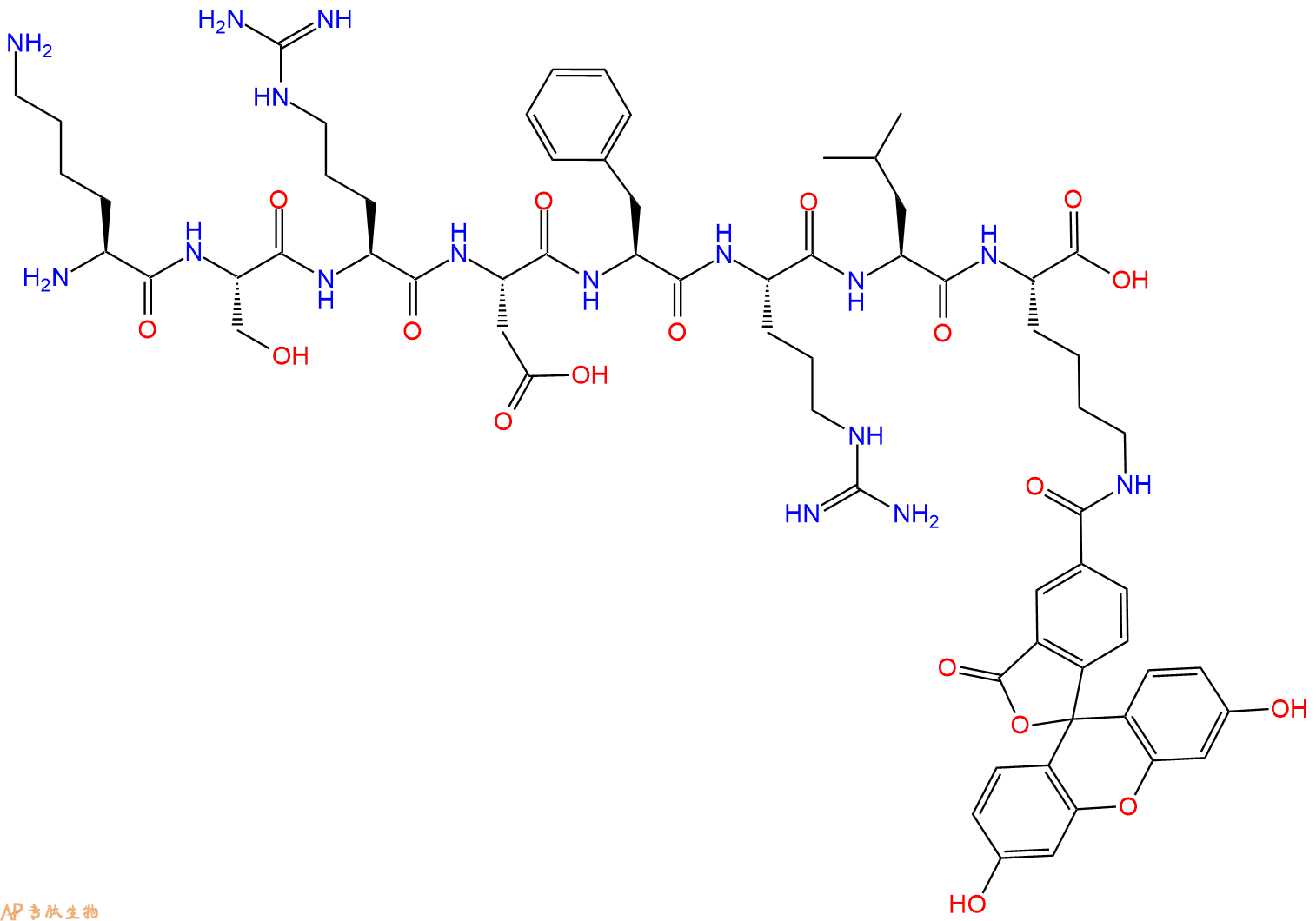 专肽生物产品H2N-Lys-Ser-Arg-Asp-Phe-Arg-Leu-Lys(5FAM)-OH