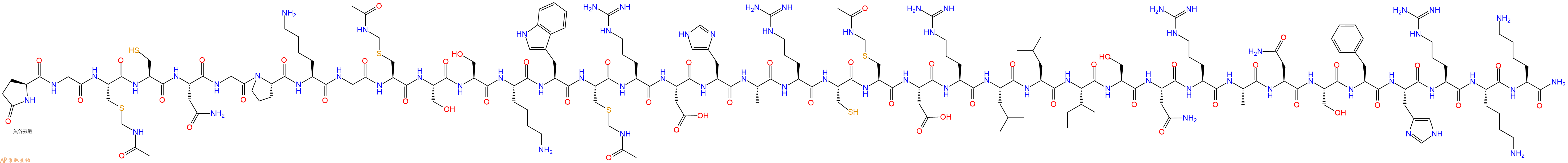 专肽生物产品Pyr-Gly-Cys(Acm)-Cys-Asn-Gly-Pro-Lys-Gly-Cys(Acm)-Ser-Ser-Lys-Trp-Cys(Acm)-Arg-Asp-His-Ala-Arg-Cys-Cys(Acm)-Asp-Arg-Leu-Leu-Ile-Ser-Asn-Arg-Ala-Asn-Ser-Phe-His-Arg-Lys-Lys-CONH2